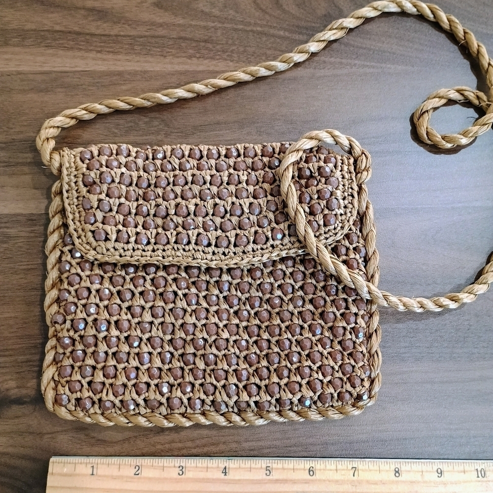 Brown Woven And Beaded Bag